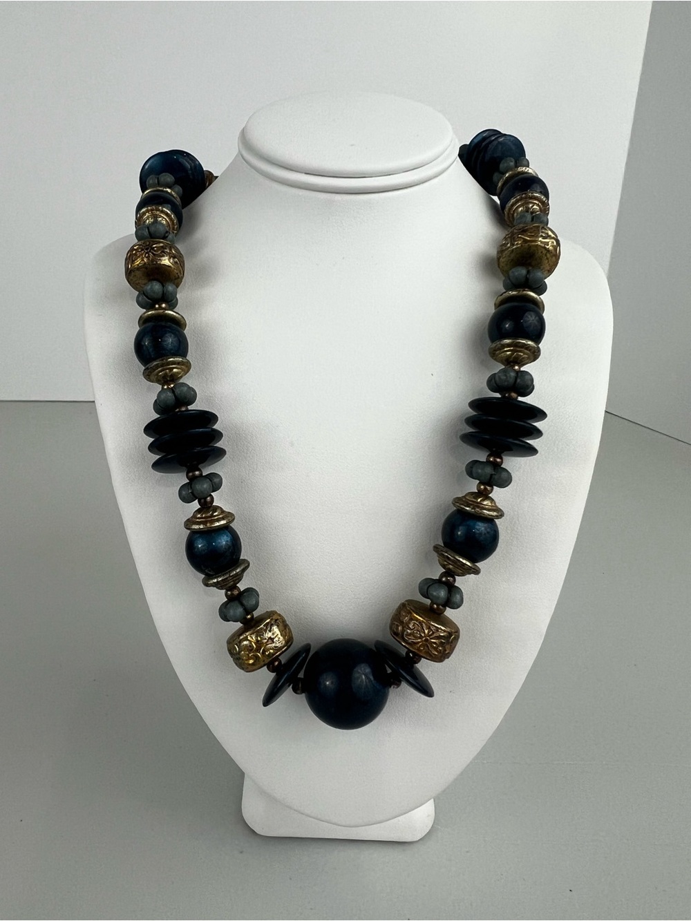 Vintage Boho Bead Necklace Multi Shade Blue Wood Plastic